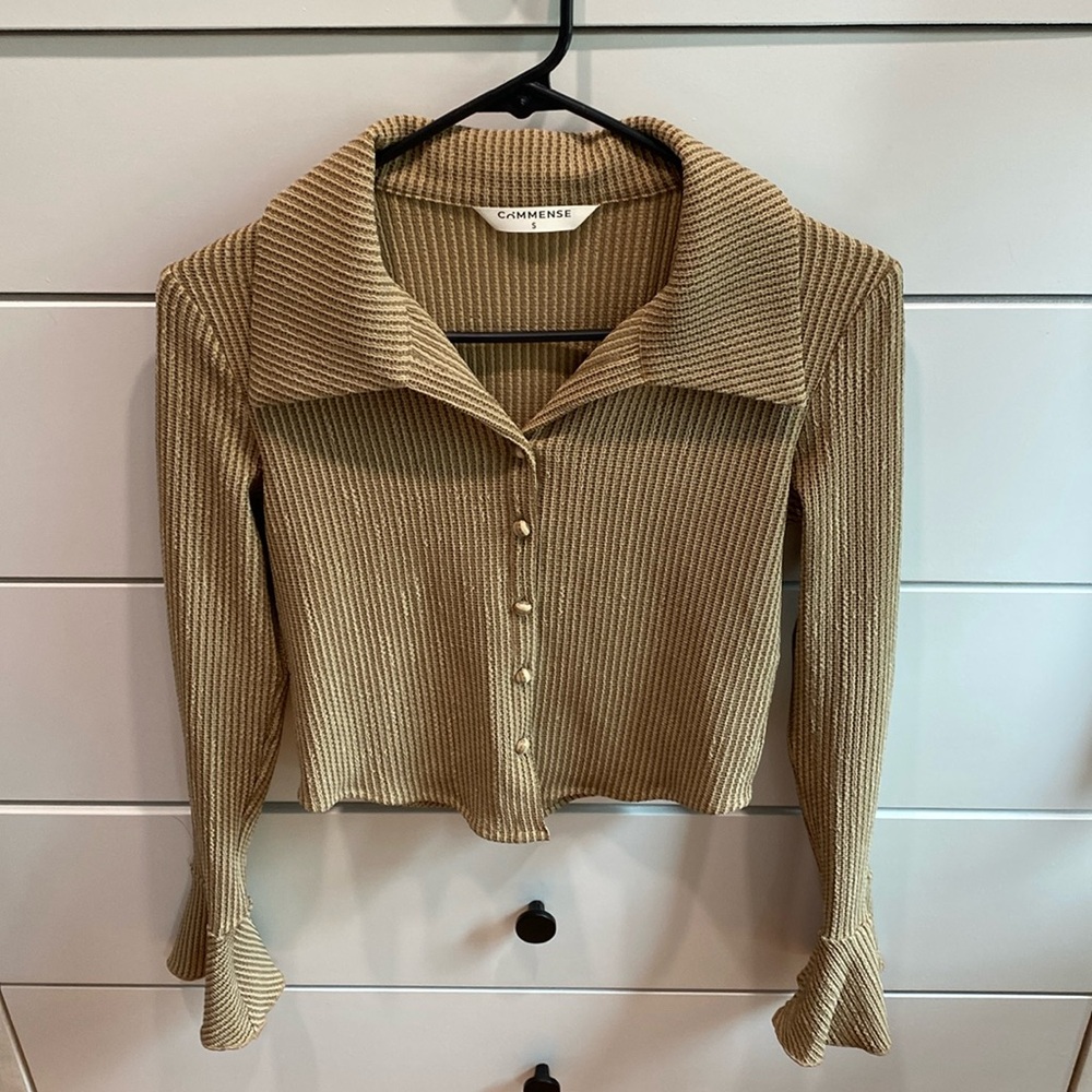 Commense brand, S, tan button down blouse with large collar and pleated sleeves